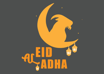 Eid al Adha Greeting Illustration with Goat Silhouette, Crescent Moon and Lanterns in Modern Islamic Design