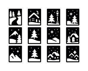 Festive Winter Icons. Winter photography capturing festive decorations. Filled icon set of winter photography
