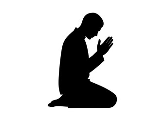 Silhouette of a Man Praying on His Knees with Hands Raised.