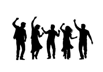 Silhouette of Five People Dancing with Raised Arms in Celebration.