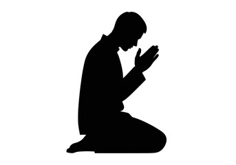 Silhouette of a Man Kneeling in Prayer with Hands Raised.