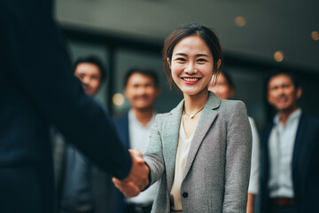 Asian Female chief shaking hands with business partner while standing with her team of experts at office