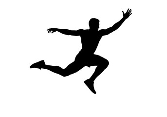 Silhouette of a Man Leaping with Arms Extended in Dynamic Motion.