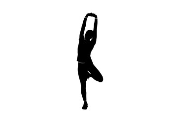 Silhouette of Woman in Tree Pose Stretching Arms Overhead.
