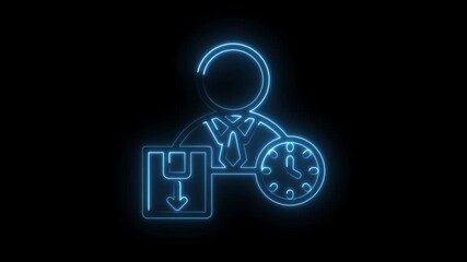 Neon delivery service icon animation with businessman package and clock on black background