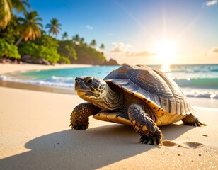 Obraz premium A turtle on a sunny, sandy beach with ocean and palms