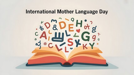 Open book with colorful floating letters celebrating International Mother Language Day