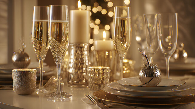 nonessential. Festive dining table with golden spumante and candlelight in luxurious atmosphere. menu design, packaging mockups, designed for food delivery and cloud-kitchen brand materials.