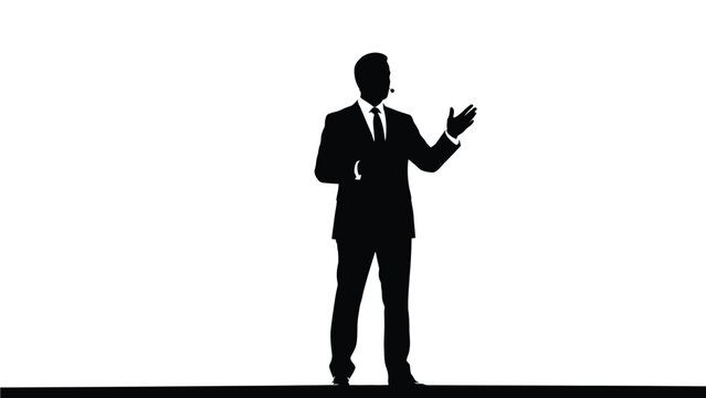 Silhouette of a professional businessman in a suit wearing a headset microphone gesturing while presenting on a stark white background stage