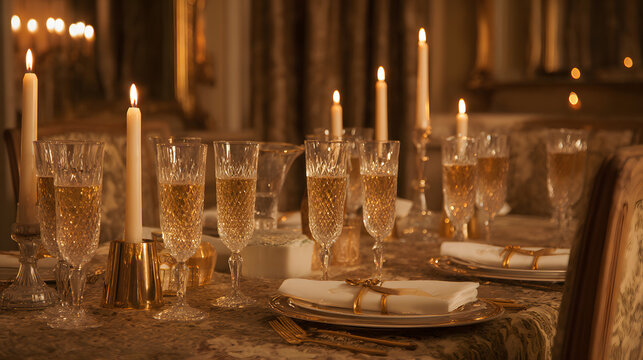 nonessential. Festive dining table with golden spumante and candlelight in luxurious atmosphere. menu design, packaging mockups, designed for food delivery and cloud-kitchen brand materials.