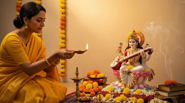 Woman Performing Vasant Panchami Saraswati Puja with Traditional Decorations and Idol in Festive Setting