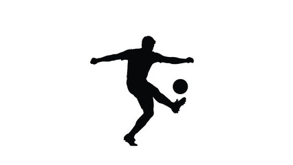 Fototapeta premium Striking silhouette of a soccer player kicking a ball midair demonstrating athletic skill and dynamic movement against a white background