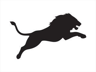 Jumping Lion Silhouette, Powerful black lion roaring and leaping with open mouth and mane vector illustration