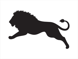 Jumping Lion Silhouette, Powerful black lion roaring and leaping with open mouth and mane vector illustration