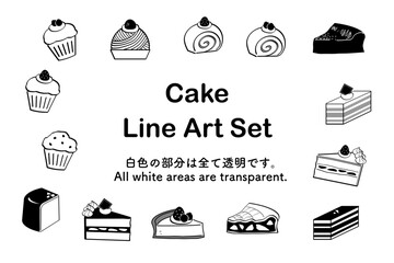 シンプルなケーキとカップケーキの線画セット｜ケーキ,カップケーキ,スイーツ,洋菓子,デザート,線画