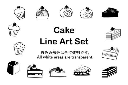 シンプルなケーキとカップケーキの線画セット｜ケーキ,カップケーキ,スイーツ,洋菓子,デザート,線画