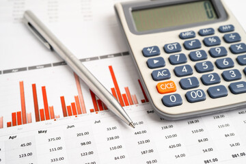 Calculator with pen on data business graphs paper.