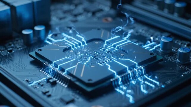 Detailed Close-up of a Modern Computer Processor on a Dark Circuit Board