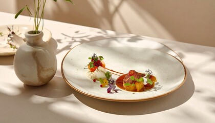 Elegant dish with gourmet food on a white plate with gold trim