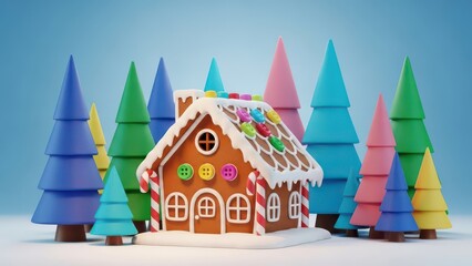 Fototapeta premium 3D Christmas gingerbread house with variety of colorful pine trees on blue background