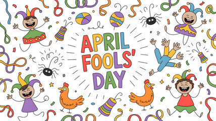 Fototapeta premium April fools day celebration with colorful cartoon characters and confetti