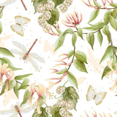 Garden butterflies and dragonflies with honeysuckle flowers and hops vine watercolor seamless pattern on white. Realistic botanical liana in pastel sunny colors. Green climbing plant repeat background