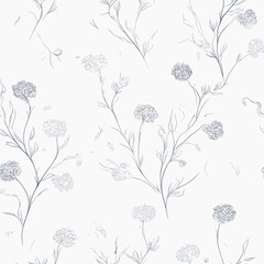 Subtle Blue Floral Toile Seamless Pattern 4, Delicate Botanical Vector Background. Minimal and elegant blue toile seamless pattern featuring delicate floral branches and soft botanical elements