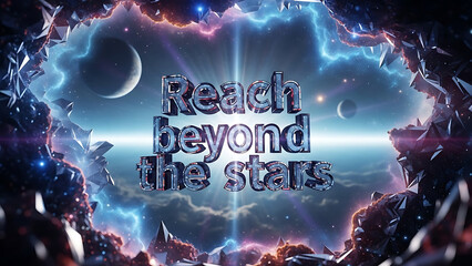 Cosmic scene with shattered glass and Reach beyond the stars text