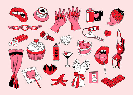 Vintage hand drawn set stickers of Valentine's Day and Love. Minimal design concept of romantic and sensuality elements. Doodle pack for daily planner, scrapbooking, print, card, holiday decoration