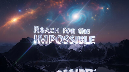 Inspirational mountain landscape with galaxy and Reach for the Impossible text