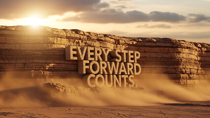 Inspirational quote on rocky cliffside with dust storm at sunset