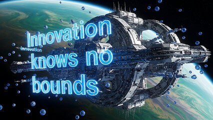 Futuristic space station orbiting Earth with the phrase 'Innovation knows no bounds'