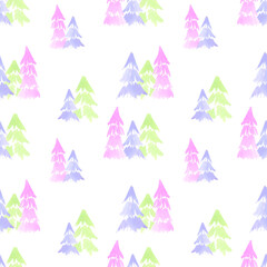 Hand drawn watercolor abstract colorful fir trees seamless pattern isolated on white background. Can be used for textile, fabric and other printed products