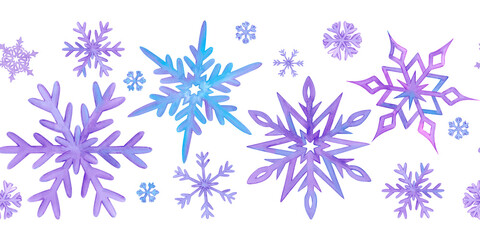Hand drawn watercolor blue and lilac snowflakes with confetti seamless frame border Illustration isolated on white background. Can be used for postcard, invitation textile and other printed products