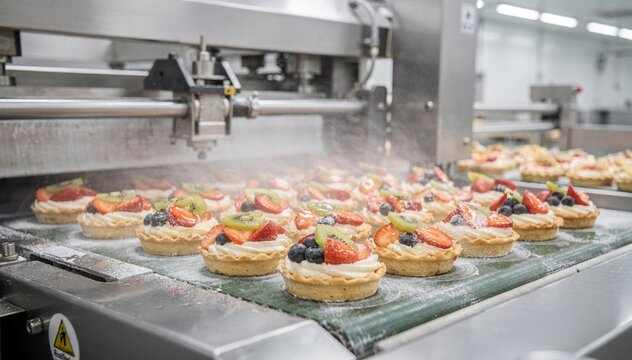 Medium shot of automatic machinery shaping and freezing delicate tartlets with glossy fruit toppings on a clean production line.