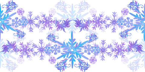 Hand drawn watercolor blue and lilac snowflakes with confetti seamless frame border Illustration isolated on white background. Can be used for postcard, invitation textile and other printed products