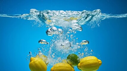 Vibrant yellow lemons and a green lime dramatically plunge into crystal clear water creating dynamic splashes and effervescent bubbles against a bright blue background symbolizing freshness and healt. - Powered by Adobe
