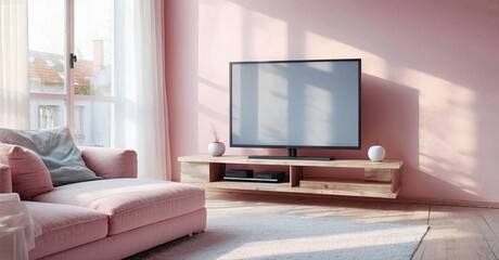 Fototapeta premium Cozy living room features pink sofa, tv stand, light wood floors. Sunlight streams through window creating warm ambiance.
