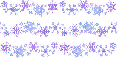 Hand drawn watercolor blue and lilac snowflakes with confetti seamless frame border Illustration isolated on white background. Can be used for postcard, invitation textile and other printed products