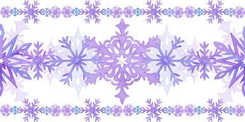 Hand drawn watercolor blue and lilac snowflakes with confetti seamless frame border Illustration isolated on white background. Can be used for postcard, invitation textile and other printed products