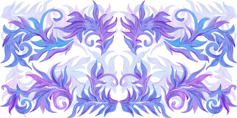 Hand drawn watercolor blue and lilac frost pattern seamless frame border. Winter Illustration isolated on white background. Can be used for postcard, textile and other printed products