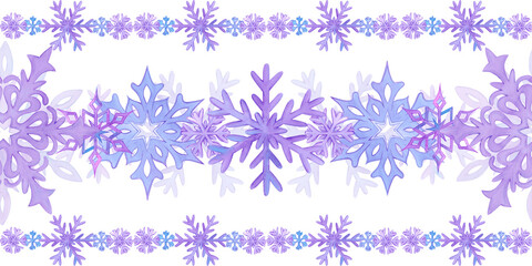 Hand drawn watercolor blue and lilac snowflakes with confetti seamless frame border Illustration isolated on white background. Can be used for postcard, invitation textile and other printed products