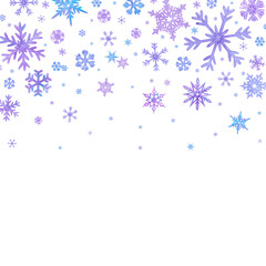 Hand drawn watercolor lilac purple and blue snowflakes frame border. Winter Illustration isolated on white background. Can be used for postcard, invitation and other printed products
