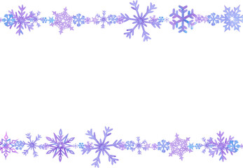 Hand drawn watercolor lilac purple and blue snowflakes frame border. Winter Illustration isolated on white background. Can be used for postcard, invitation and other printed products