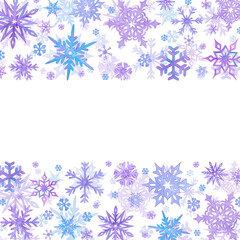 Hand drawn watercolor lilac and blue snowflakes frame border. Winter Illustration isolated on white background. Can be used for postcard, invitation and other printed products
