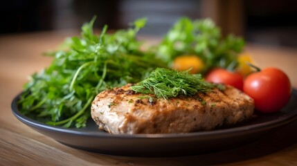 A perfectly grilled steak garnished with fresh dill and served alongside vibrant cherry tomatoes and a generous portion of fresh greens on a dark