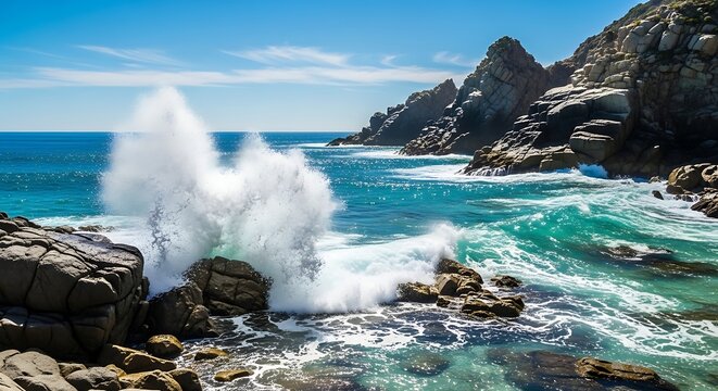 A vibrant ocean scene depicts waves crashing against rocky cliffs, with turquoise waters under a sunny, clear blue sky - Powered by Adobe