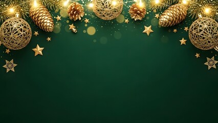 Christmas festive background with golden ornaments, pine cones, and twinkling lights against a dark green backdrop