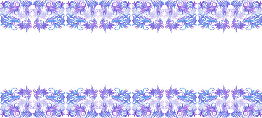 Hand drawn watercolor blue and lilac frost pattern and confetti banner frame border. Winter Illustration isolated on white background. Can be used for banner, invitation and other printed products