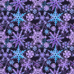 Hand drawn watercolor blue and lilac snowflakes seamless pattern. Winter Illustration isolated on dark background. Can be used for textile, fabric wrapping and other printed products